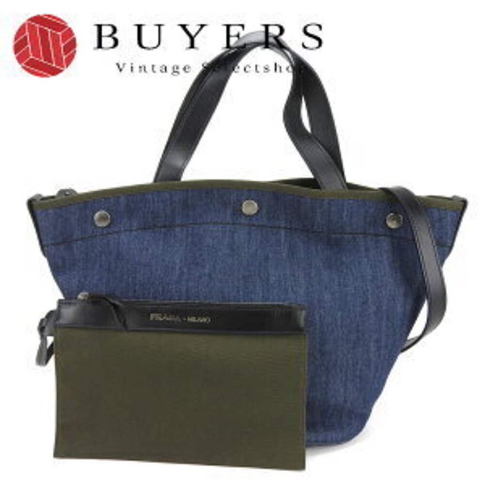 Prada Tote Bag Shoulder Denim Leather Navy Blue Khaki Green Black